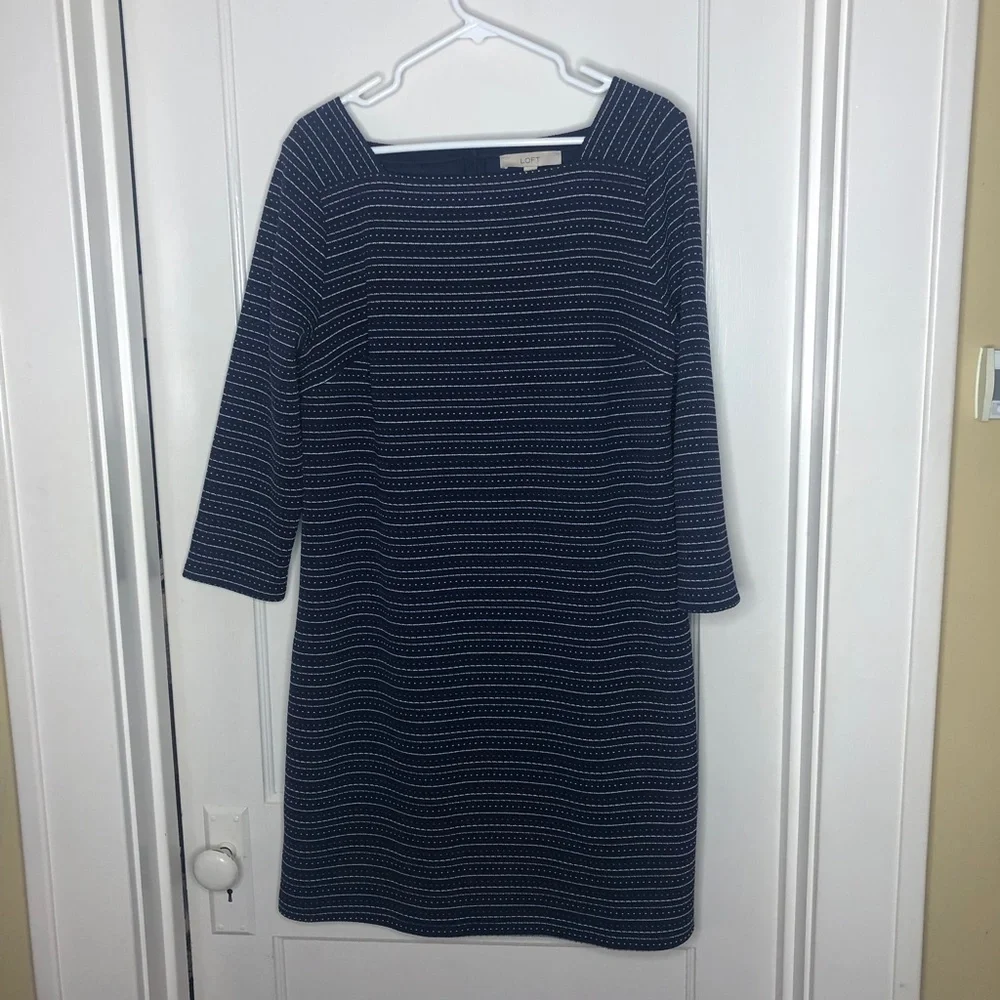 LOFT Blue/White Textured Stripe Square Neck Dress 3/4 Sleeve size Large …